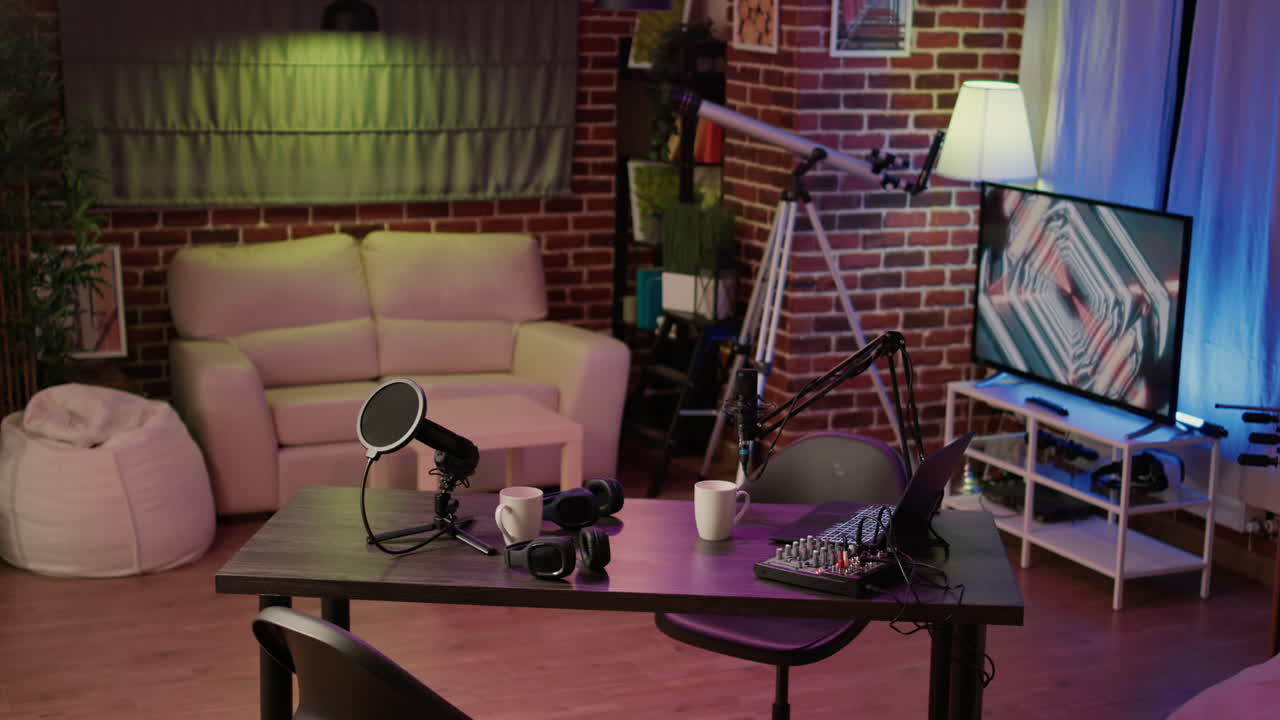 Empty internet online radio setup with headphones for producing podcasts and audio recording professional mixer