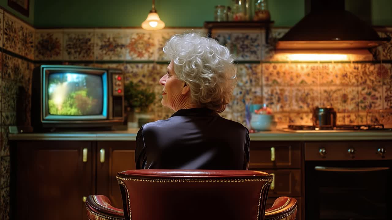 Warm kitchen glow illuminates an elderly woman. She sits, facing an old television. Soft light reflects off her silver hair. Her posture shows quiet contemplation. This moment evokes nostalgia