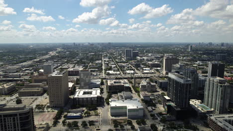 Toma-Panorámica-Aérea-Del-Paisaje-Urbano-Del-Centro-De-Houston,-Soleado-Texas,-Estados-Unidos