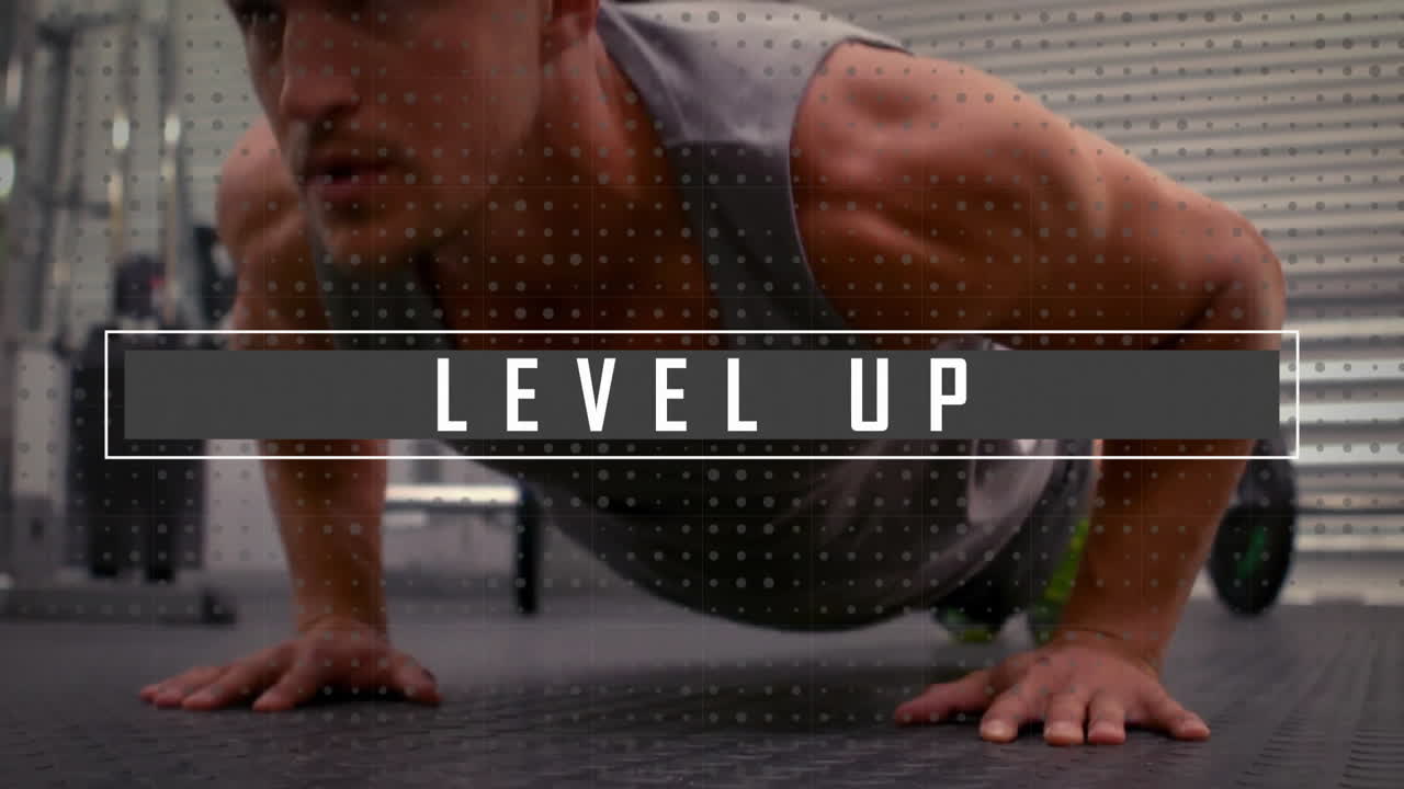 Animation of caucasian strong fit man exercising and level up text, data processing