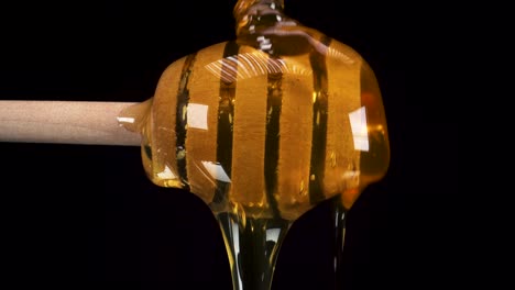 macro view of honey dripping over honey dipper stick with black background, sexy food footage