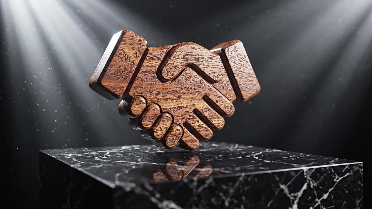 A Handshake Sculpture Symbolizing Partnership and Agreement, Set Against a Dramatic Background of Light and Shadow, Representing Collaboration and Unity
