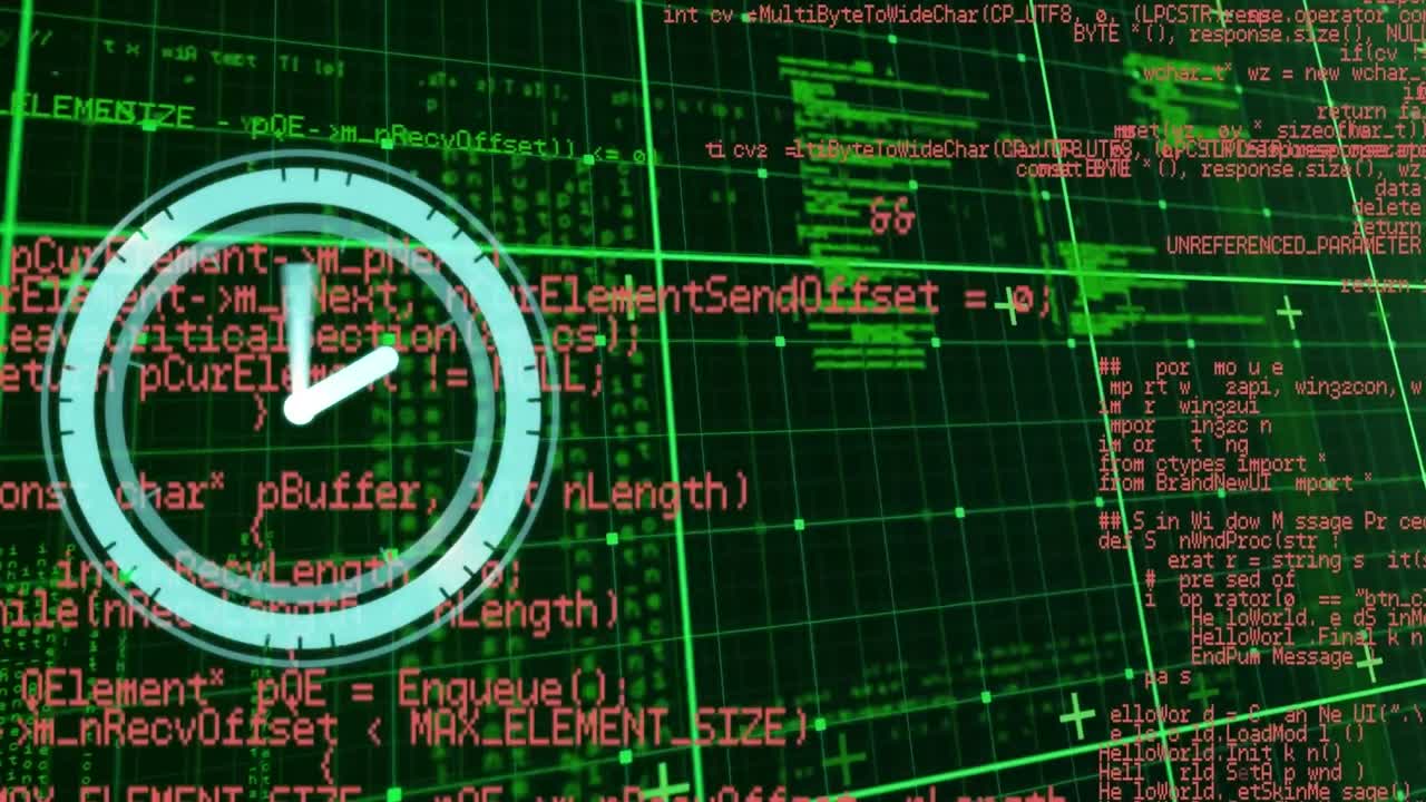 Animation of clock ticking over data processing on grid