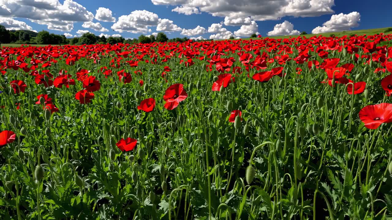 Video captures a vibrant field of red poppies under a bright blue sky, showcasing nature's beauty