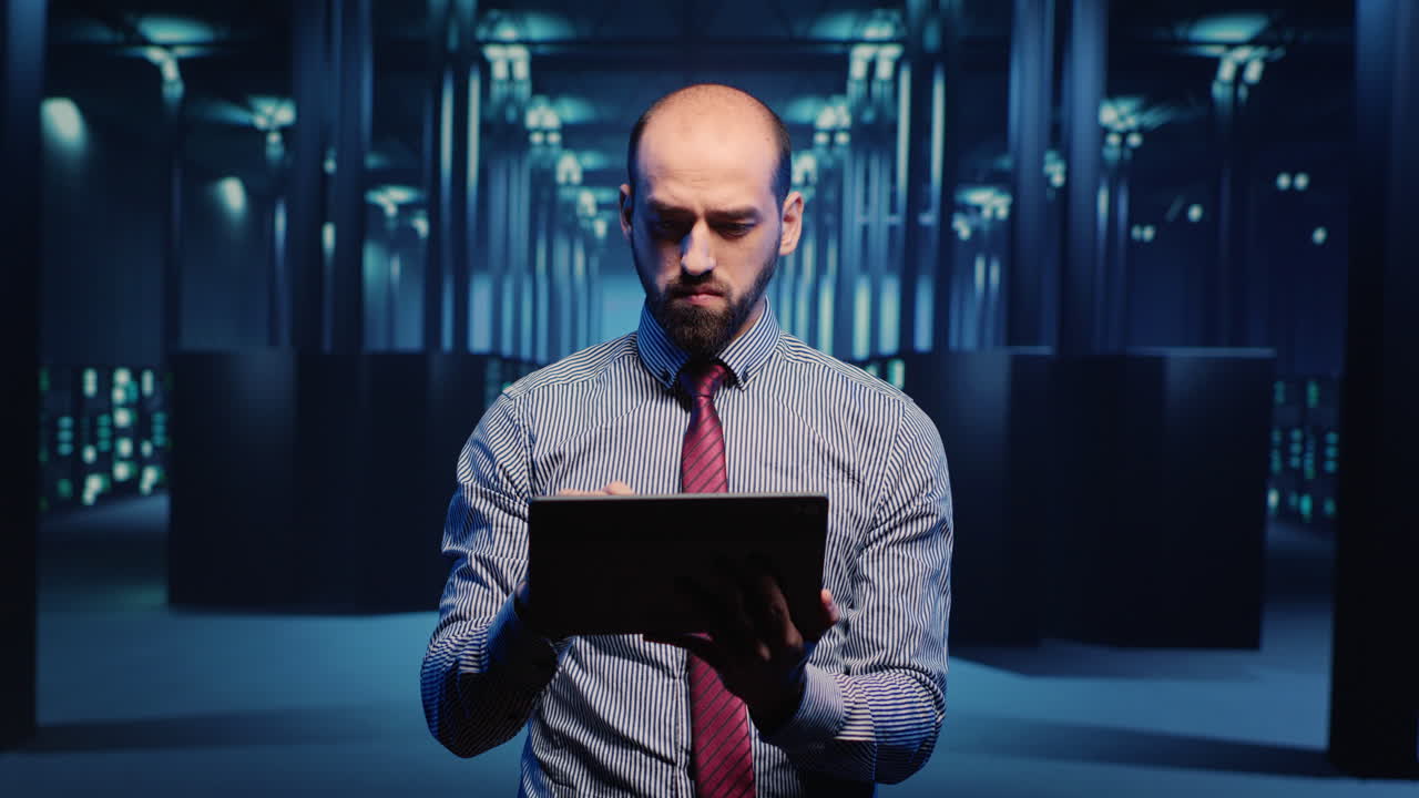 Male infrastructure specialist using tablet for hardware