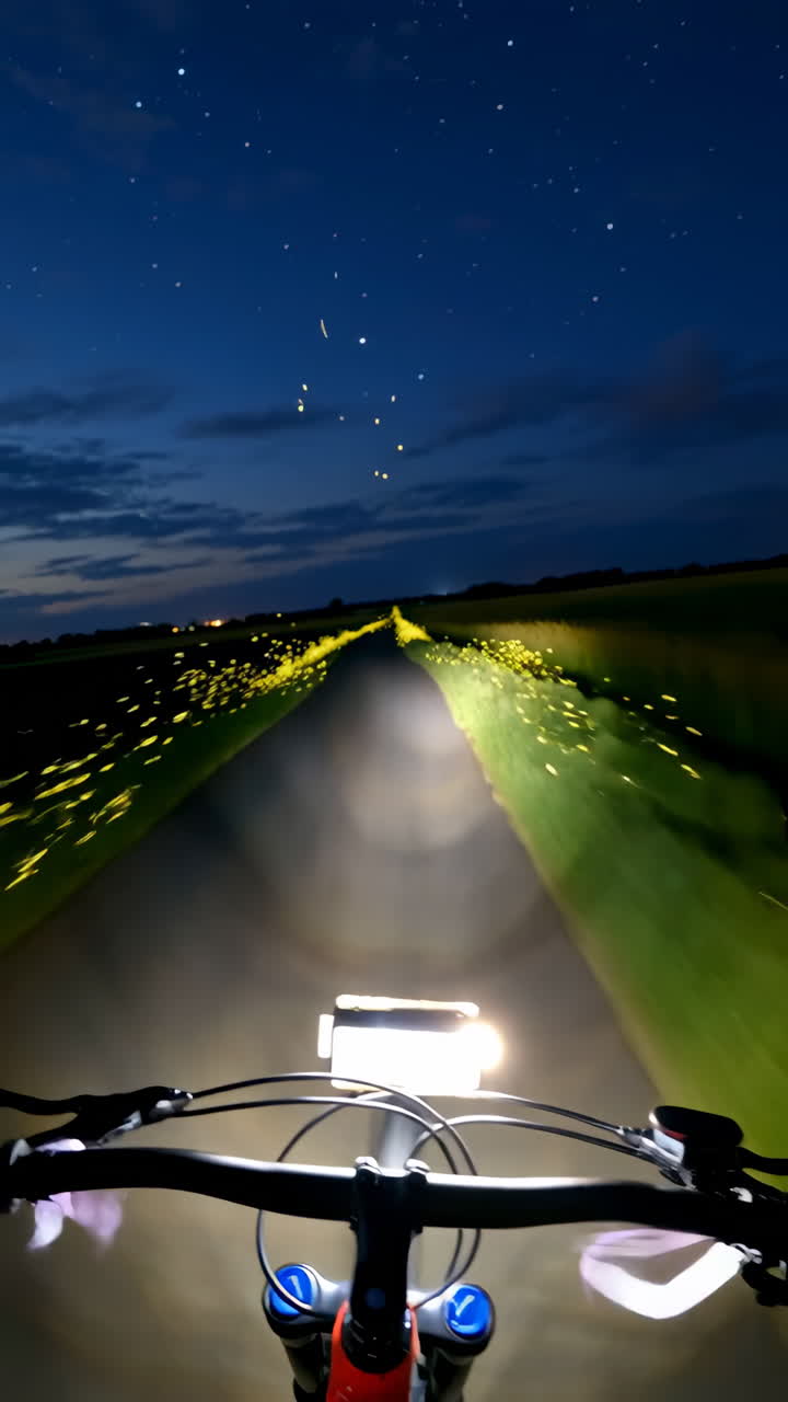Night Bicycle Ride on a Dark Road with Sparkling Fields and Starry Sky