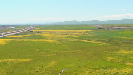 aerial view flying over green meadow farmland following busy highway towards hazy mountain range