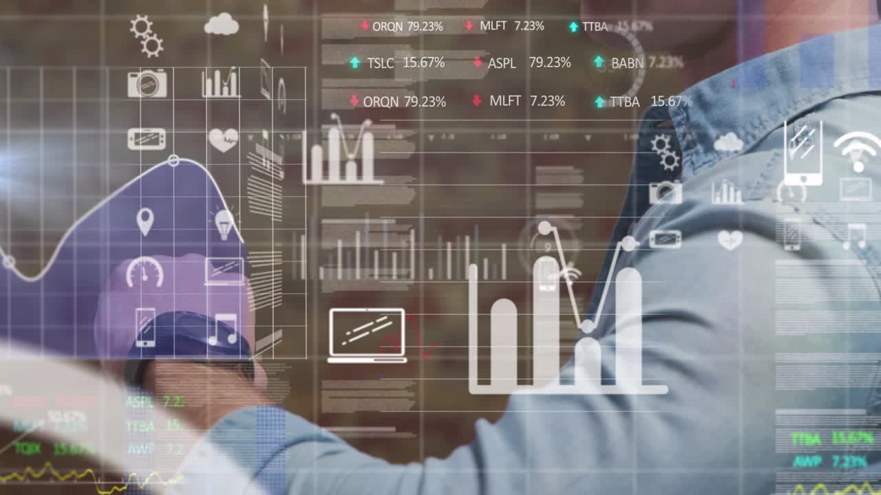 Interacting with digital financial data and graphs, businessman using animation in office