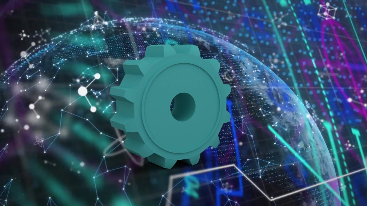 Animation of gear over data processing and globe on black background