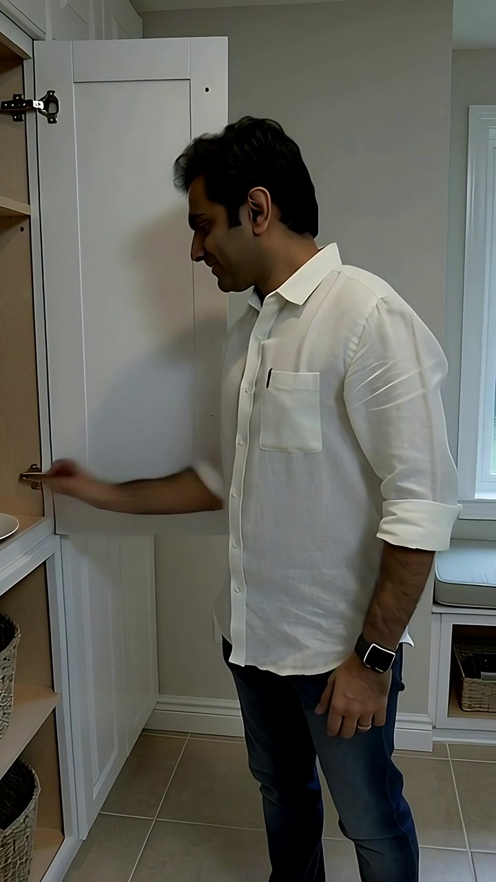 Video verticale: Uomo in camicia bianca che entra e ripone un piatto sullo scaffale della dispensa, aprendo un mobile alto