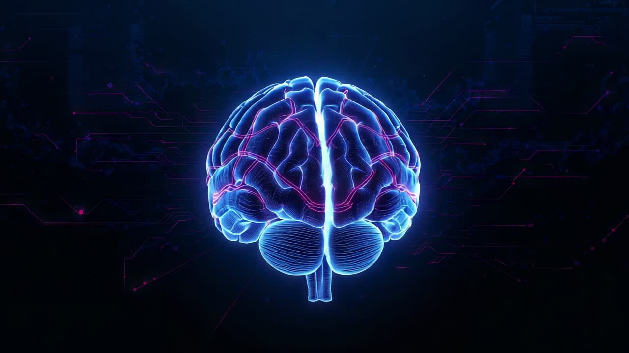 Following pause holographic brain rotating against circuit lines, glowing neural pathways pulsing