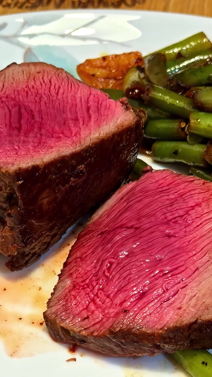 Primo piano di una succulenta bistecca di manzo al sangue tagliata a fette e servita con fagiolini arrostiti.