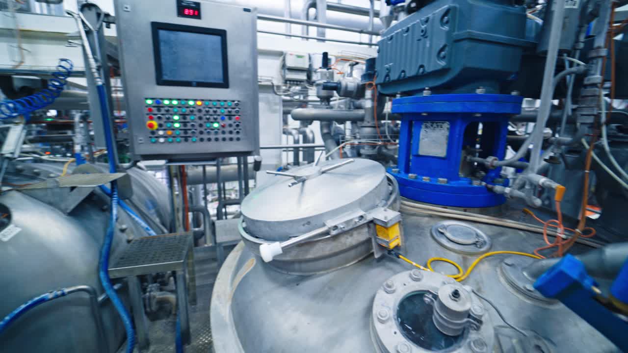 Equipment at dairy plant. Modern complex industrial equipment for milk production