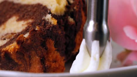 close up of a delicious marble cake while a cream dispenser sprays soft and creamy whipped cream on top for a delicious dessert with cake and coffee