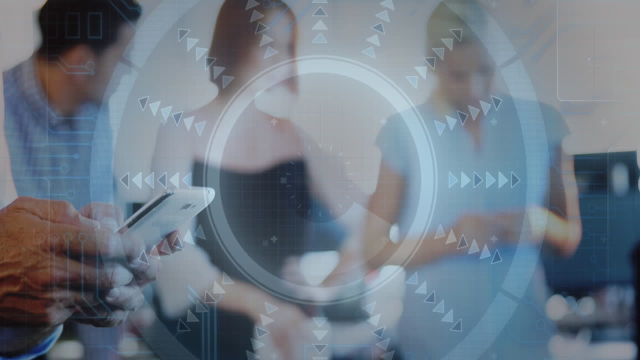 Animation of scope and data processing over caucasian businessman using smartphone in office