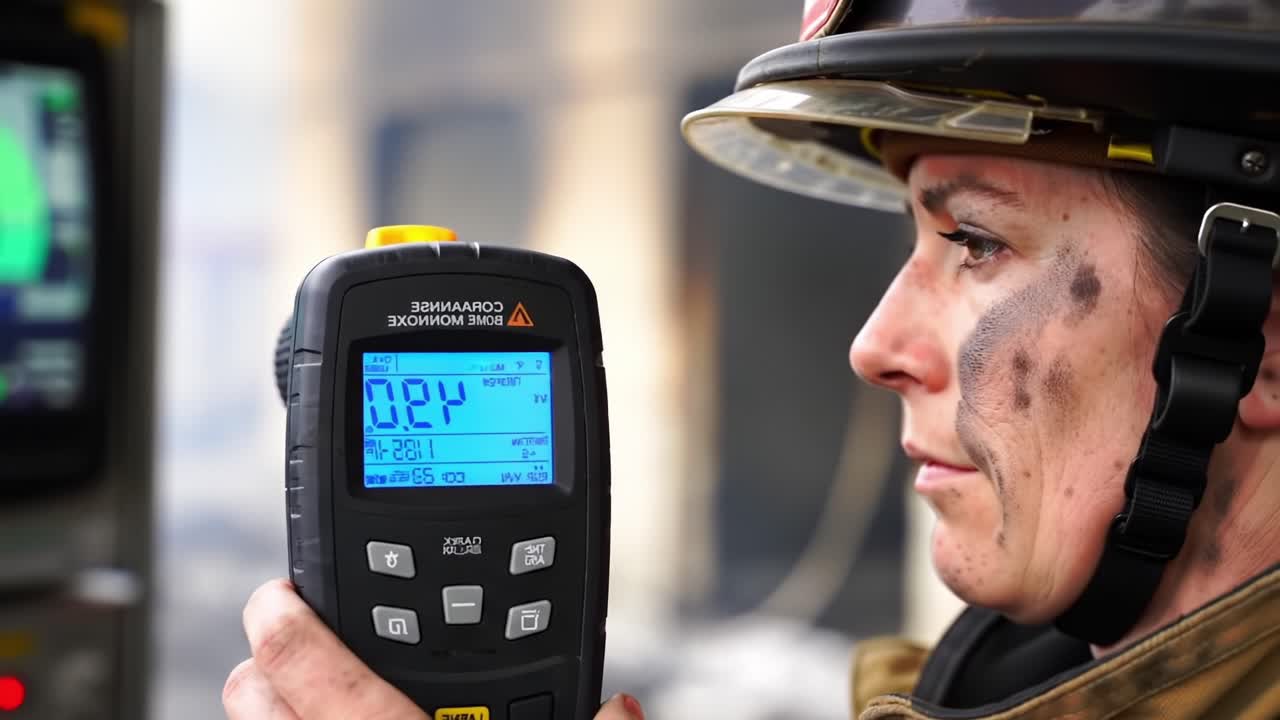 Firefighter Measures Gas Levels During Training in Urban Environment With Advanced Equipment