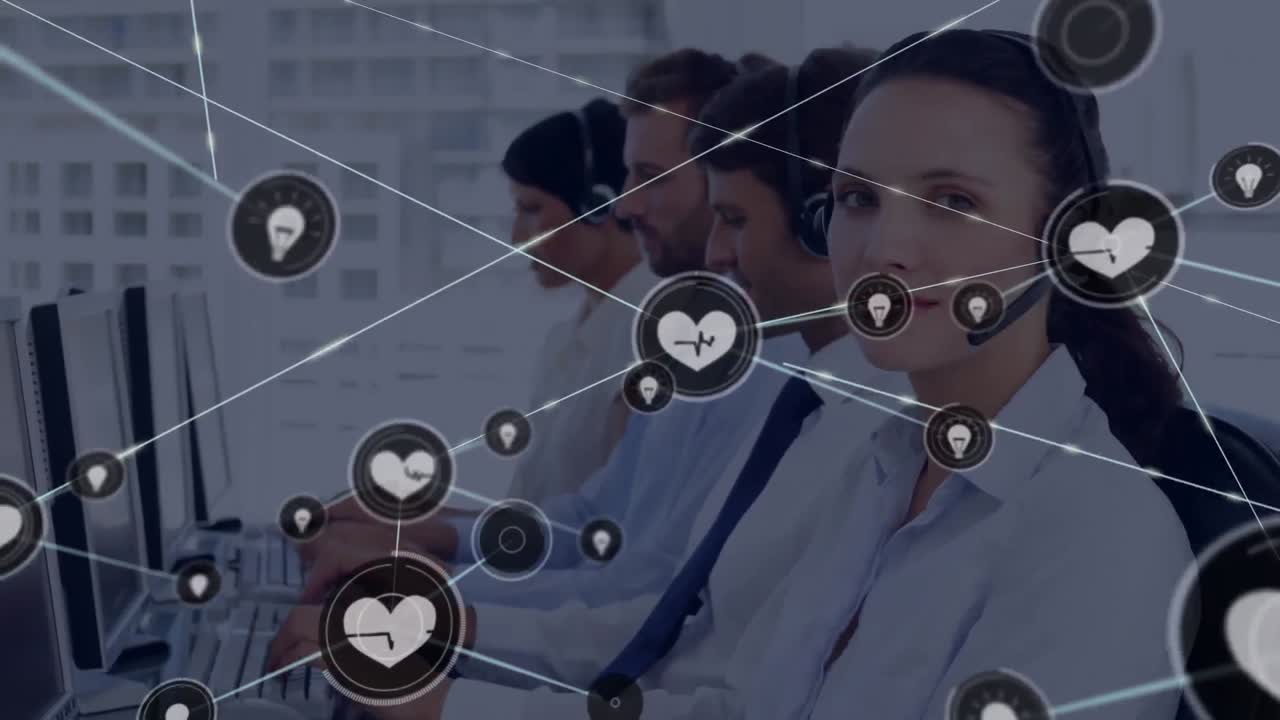 animación de la red de conexión con iconos sobre personas de negocios que usan auriculares de teléfono