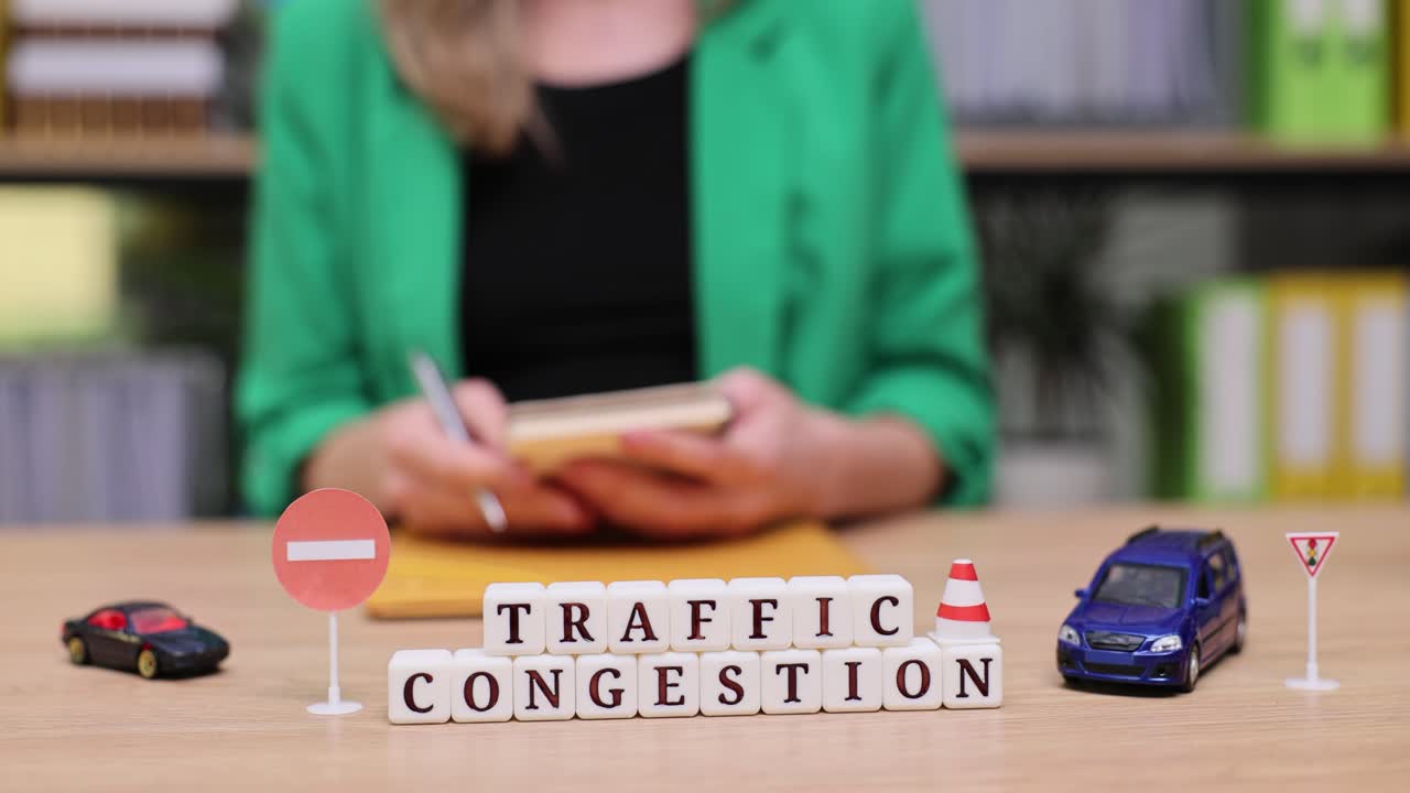 Traffic Congestion Concept with Toy Cars and Road Signs