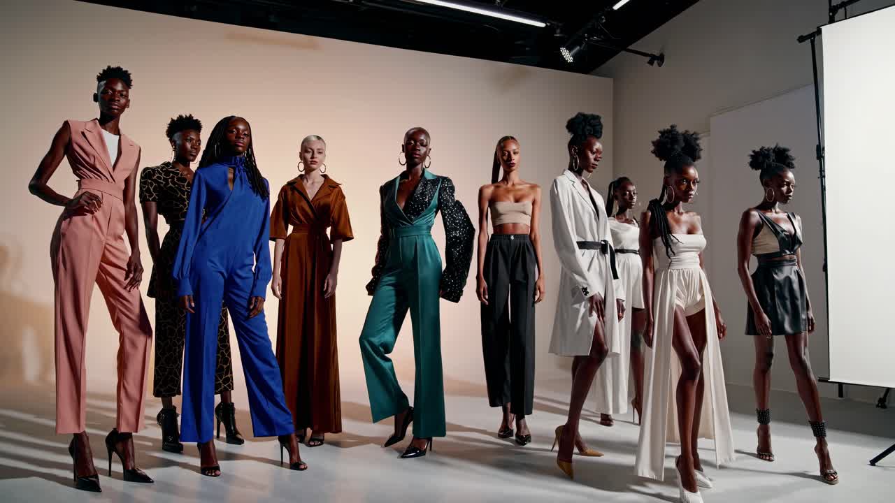 Un gruppo di modelli con abiti alla moda posa in uno studio. Il video li riprende dal basso.