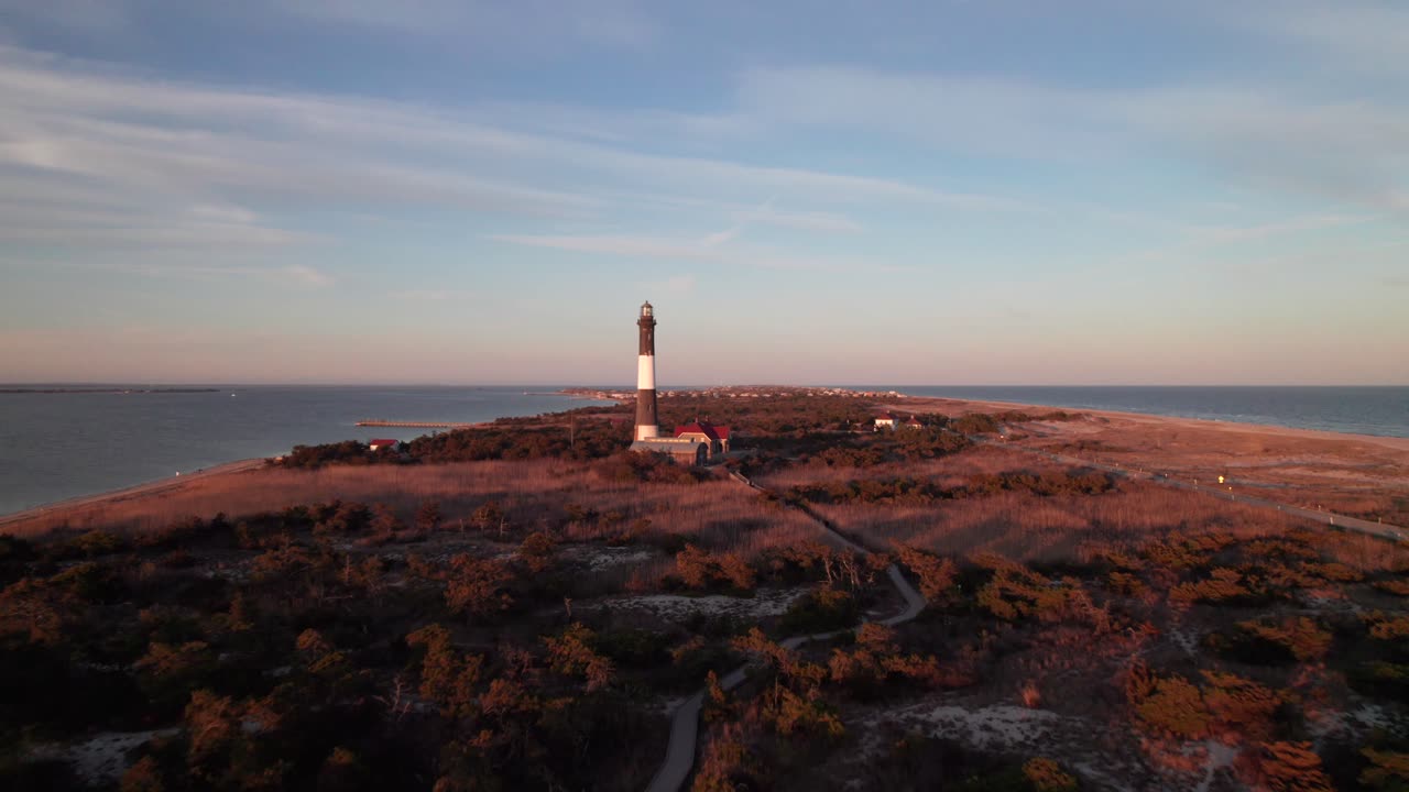 Fire Island, Long Island, drone shot with the Fire Island Lighthouse, 4K