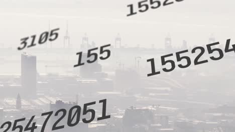Animation of multiple changing numbers against aerial view of cityscape