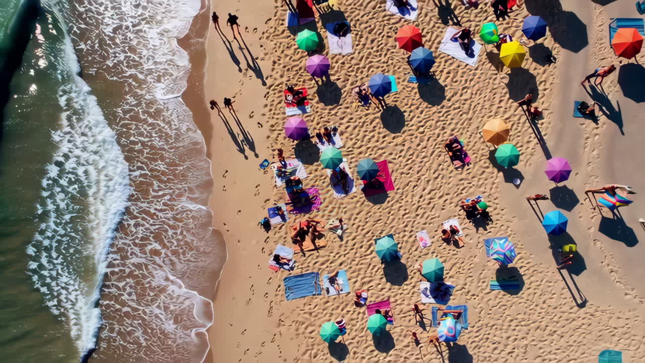 Aerial View of a Crowded Beach with Colorful Umbrellas and People