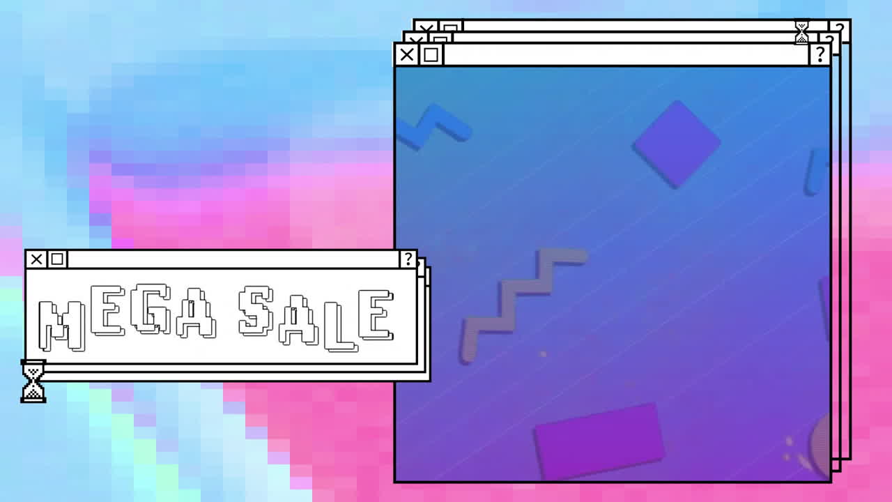 컴퓨터 화면과 생동감 넘치는 배경에서 메가 판매 텍스트의 애니메이션