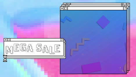 animación de texto de mega venta sobre pantallas de computadora y fondo vibrante