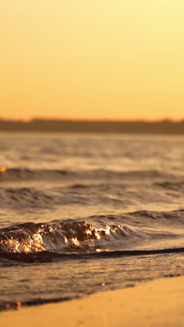 Sea water splashes on sand beach in the evening. The edge of the ocean with calm waves on the shoreline at sunset. Close-up. Vertical video