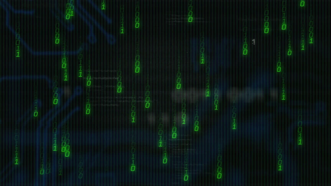Cascading binary code columns being visualized on dark UI, glowing circuit patterns in flat design