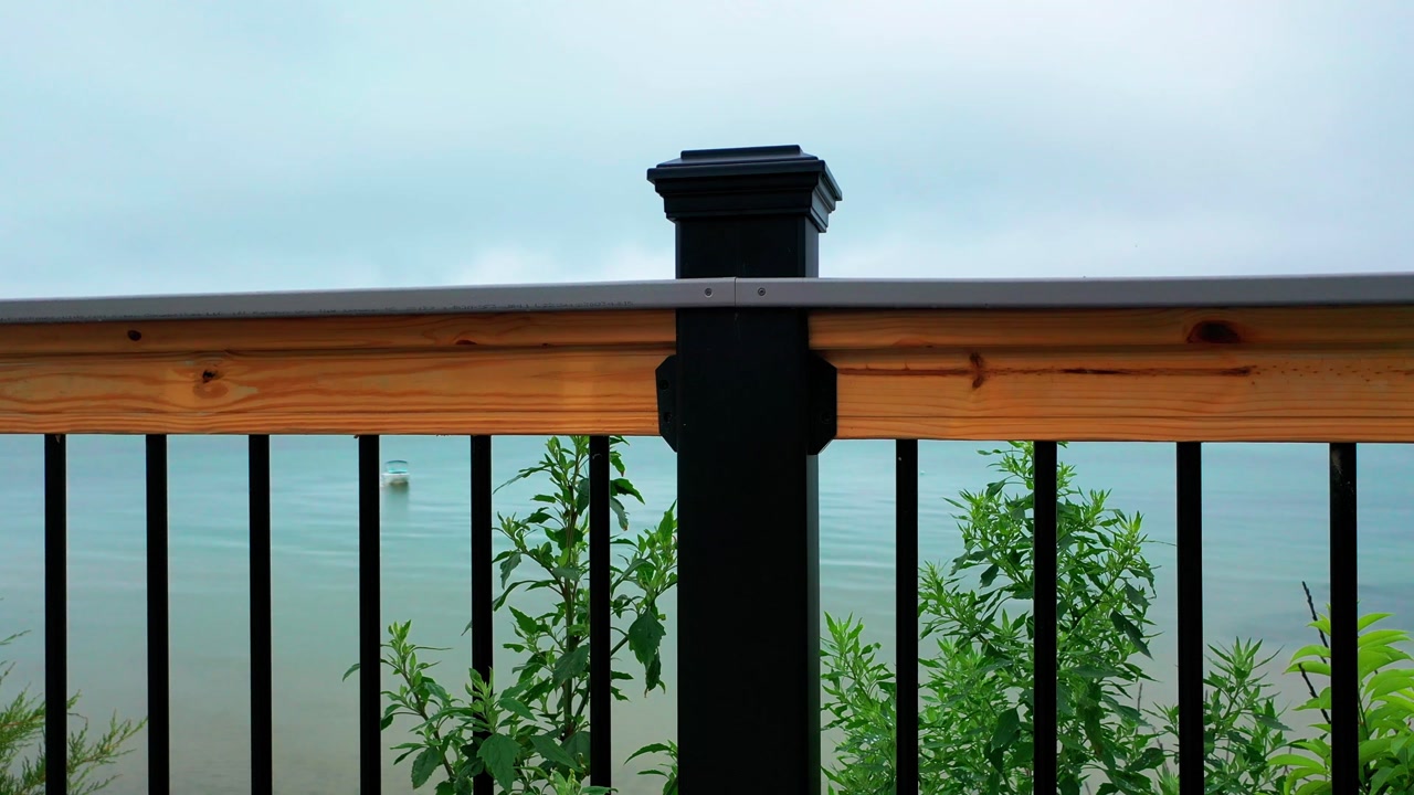 Panoramic coastal close-up framed by a black fence, shimmering blue ocean meeting green forest under the soft glow of a clear summer sky.