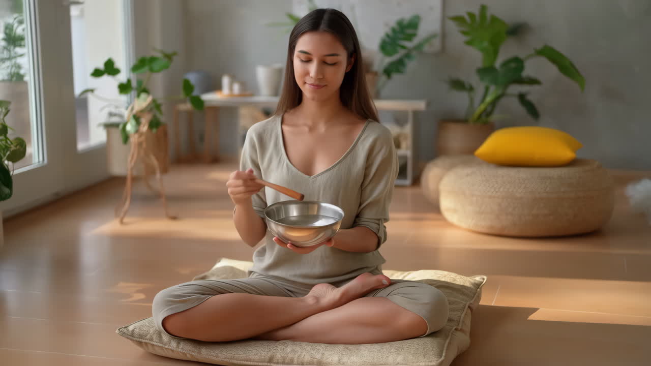 Woman Practicing Meditation with Singing Bowl for Sound Healing