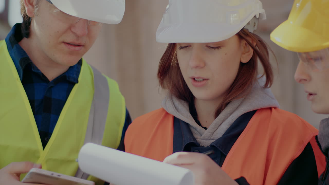 Young female construction worker writing on clipboard while discussing with coworker and contractor at site