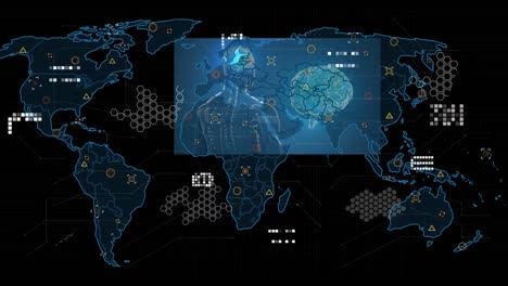 animación de la mano de la célula covid y procesamiento de datos en el mapa del mundo