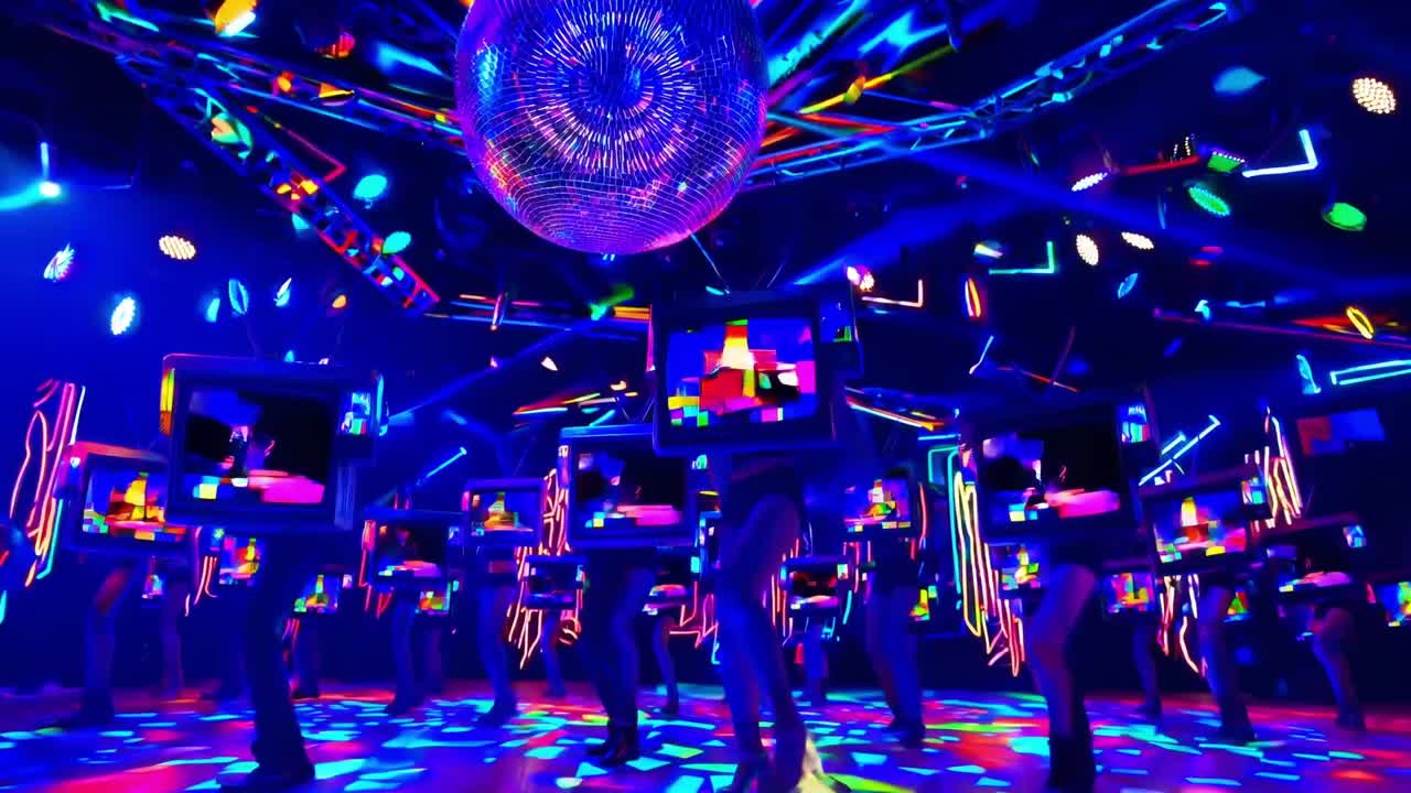 Colorful dance performance featuring multiple dancers with vintage television sets on their heads, illuminated by vibrant lights and a dazzling disco ball, creating an energetic atmosphere