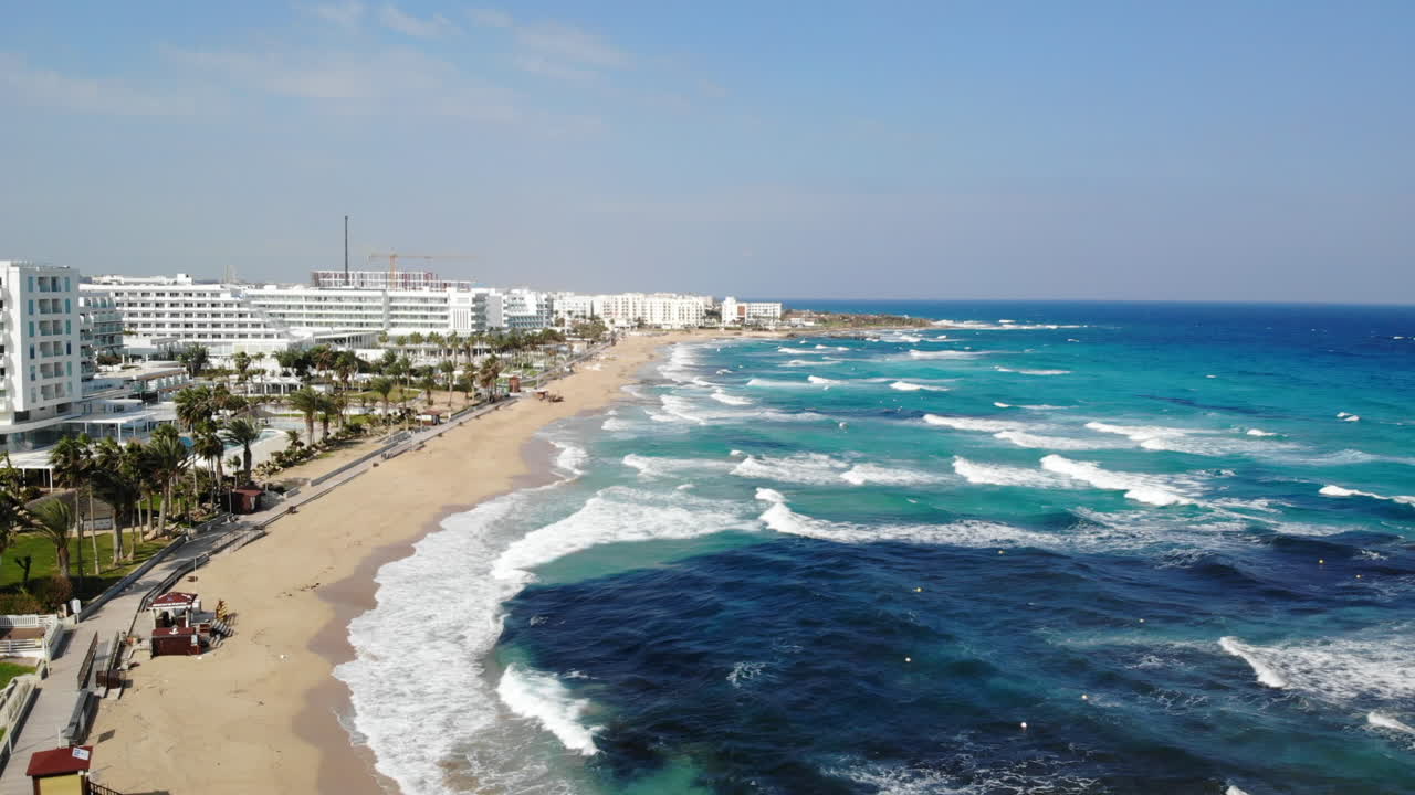 Aerial drone view of the Sunrise Beach in Protaras, Cyprus