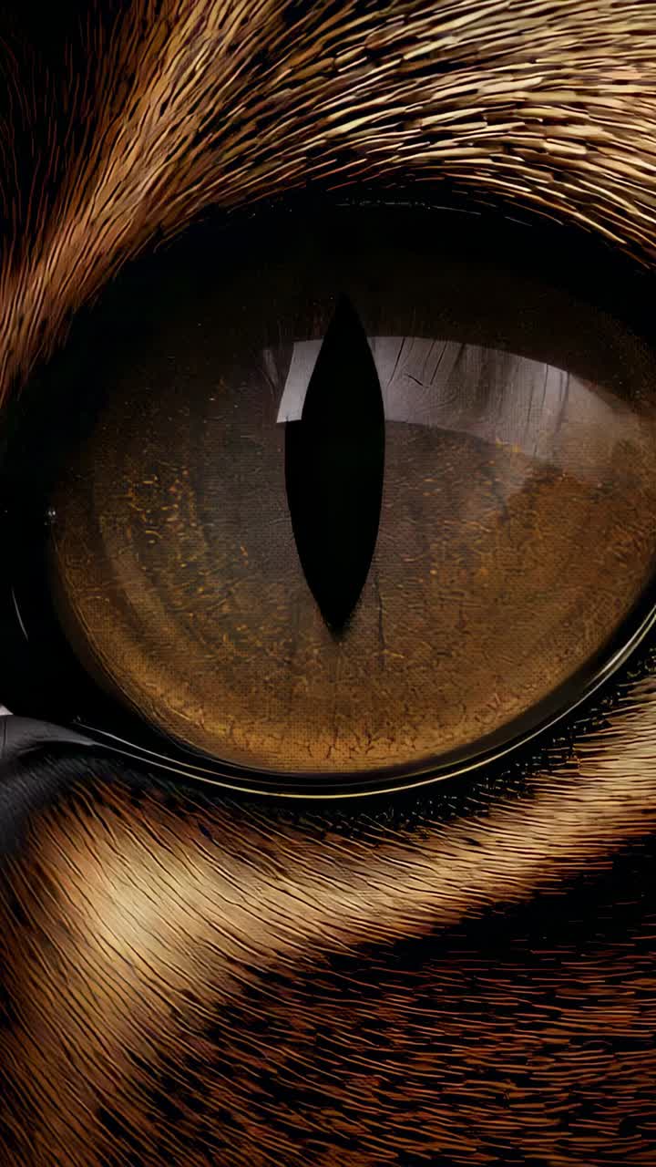 Vertical video: Showing cat eye in macro reacting to light with slit pupil and reflecting rectangle