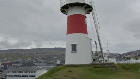 wide tilt down of skansin lighthouse in torshavn, faroe islands