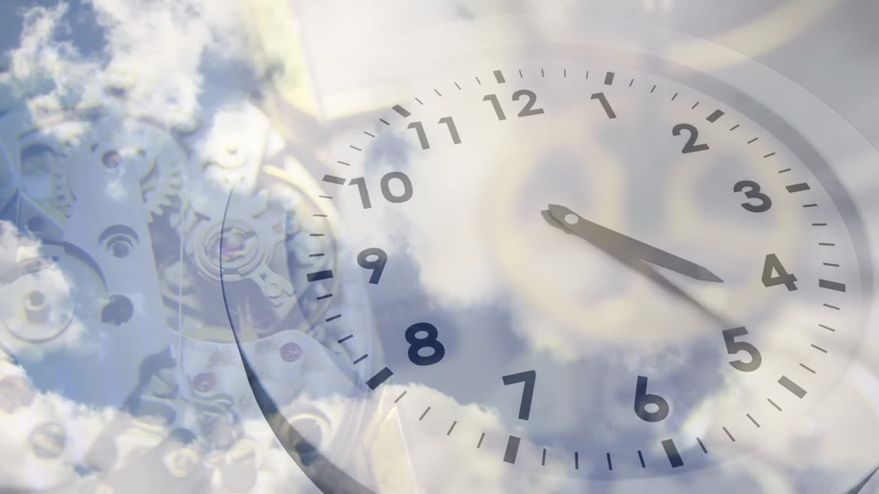 Animation einer sich über einem Uhrwerk bewegenden Uhr.