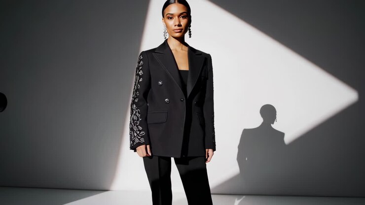 Stilig kvinne i brodert blazer