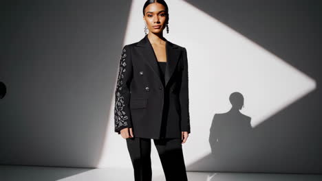 stylish woman in embroidered blazer