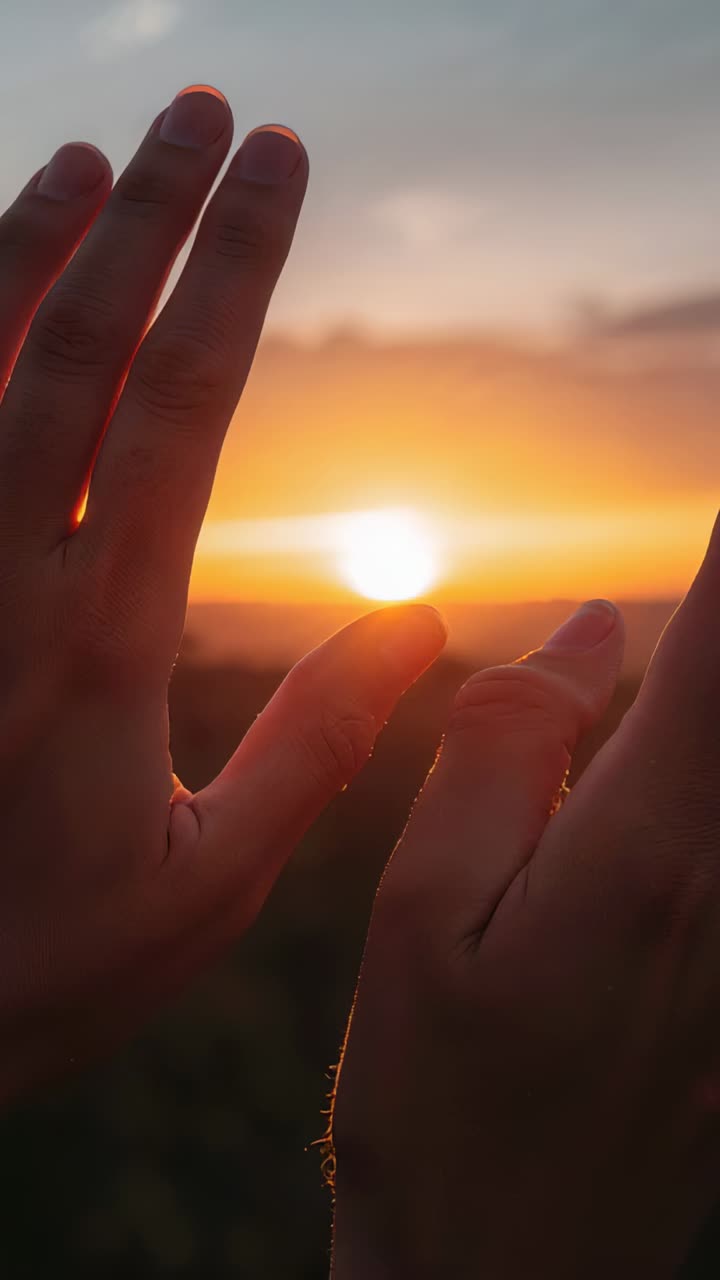 Vertical video: Framing adult hands adjusting to frame low sun at horizon, creating rim light