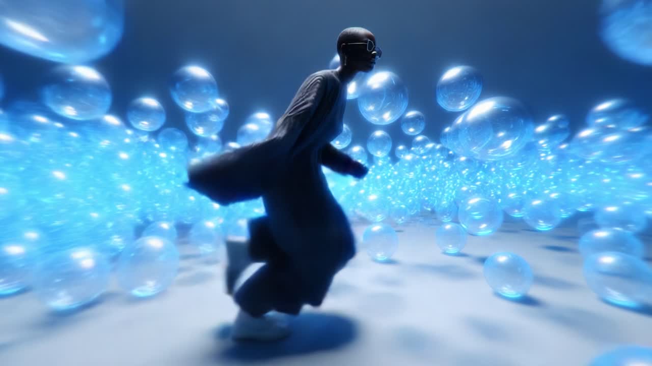A solitary figure navigating a surreal landscape filled with luminous blue bubbles, embodying movement and freedom against a contrasting ethereal backdrop, exploring the realms of imagination and creativity