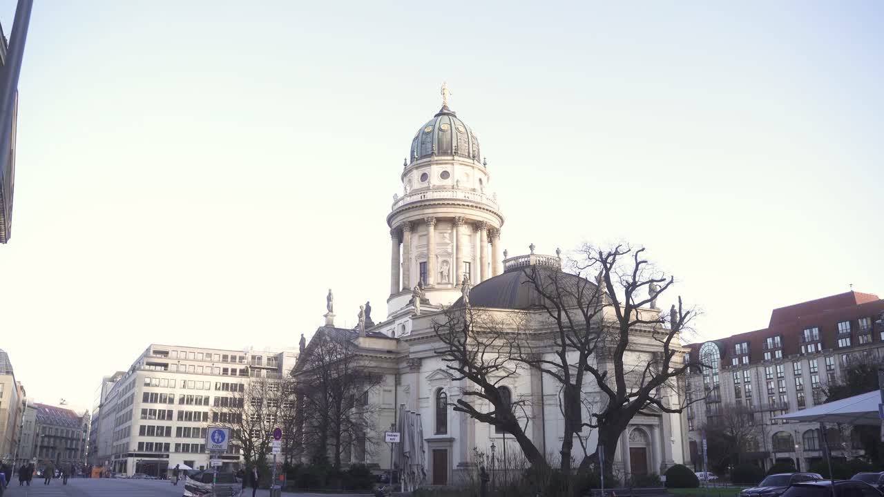 A video of the berlin church, which is located on the famous Gendarmenmarkt square in Berlin. The church is a major tourist attraction.
The church appears imposing, through the camera perspective.