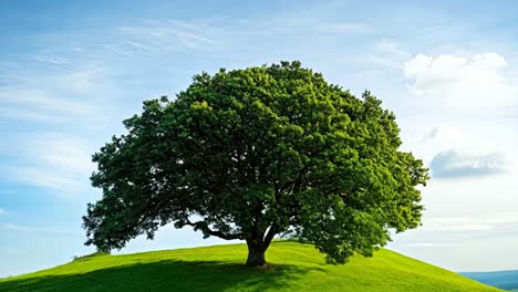 a lone tree on a grassy hill with a blue sky in the background