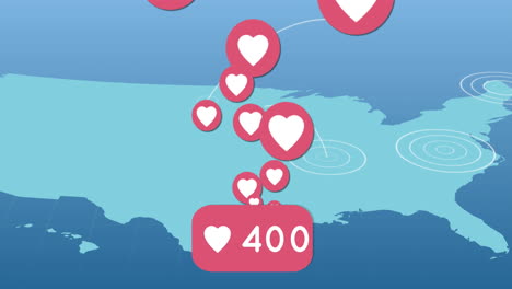 heart icons and increasing likes against light trails on pulsating circles over world map