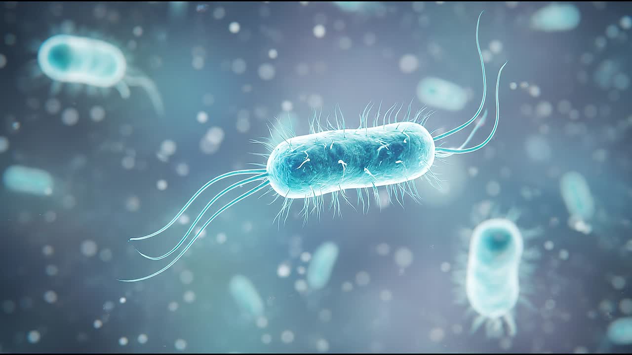 Singolo batterio che nuota in un mezzo liquido con movimento visibile dei flagelli e sfondo sfocato