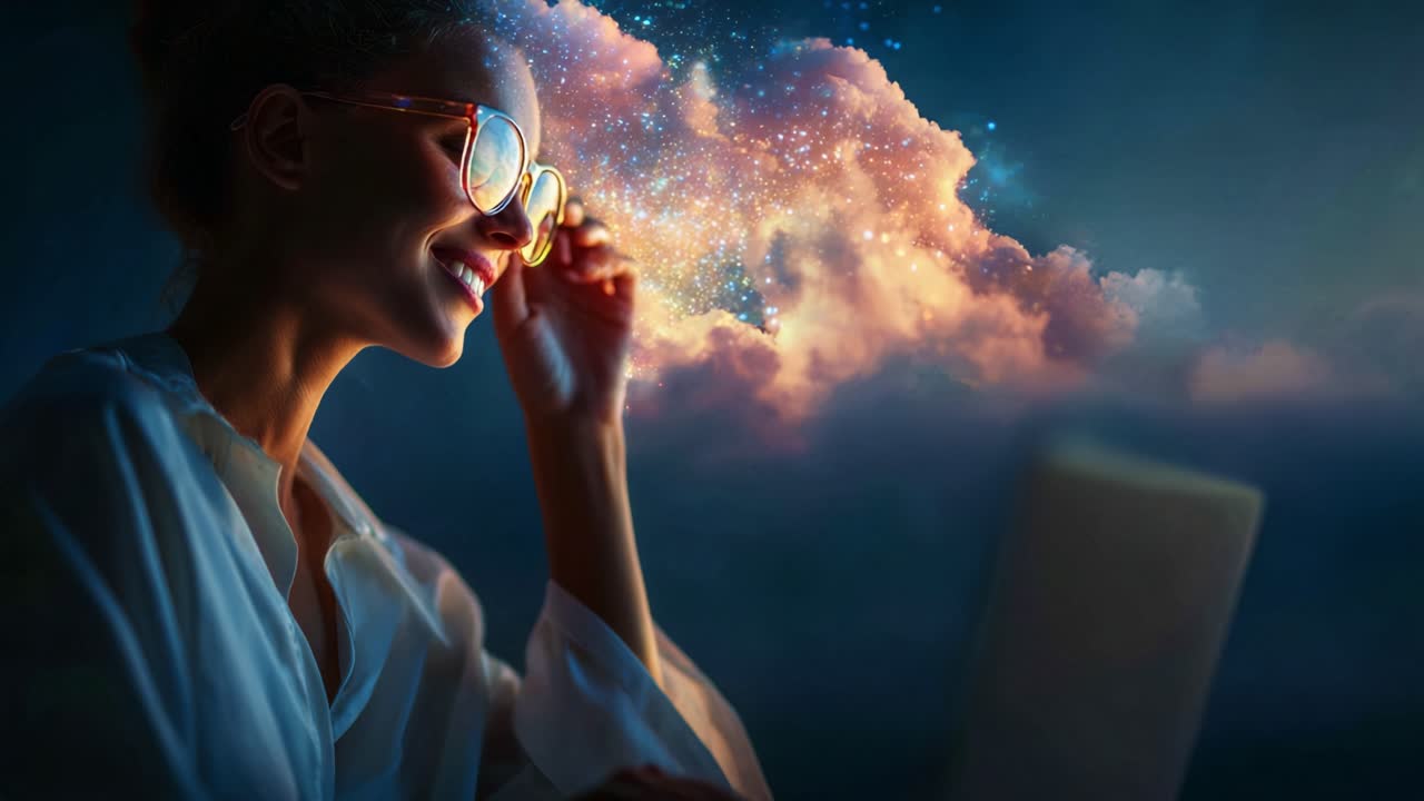 A Dreamy Vision: A Young Woman in a Soft Glow Wears Glasses While Engaging with Her Laptop, Captured in a Moment of Inspiration with Cosmic Clouds and Stars Surrounding Her