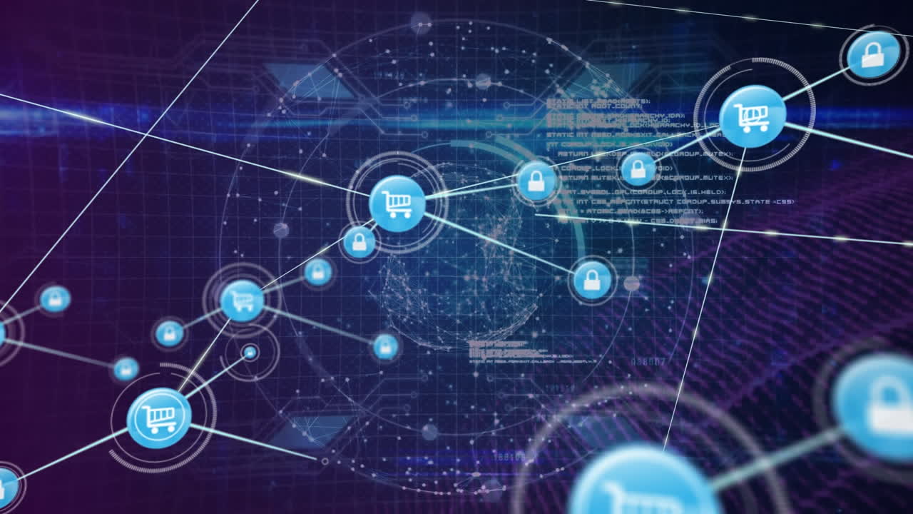 animación de una red de iconos digitales sobre un globo giratorio y procesamiento de datos sobre un fondo azul
