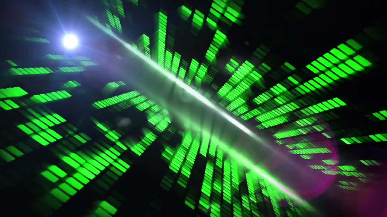 Scia luminosa e punto luce su quadrati a mosaico verdi che ruotano su sfondo nero.